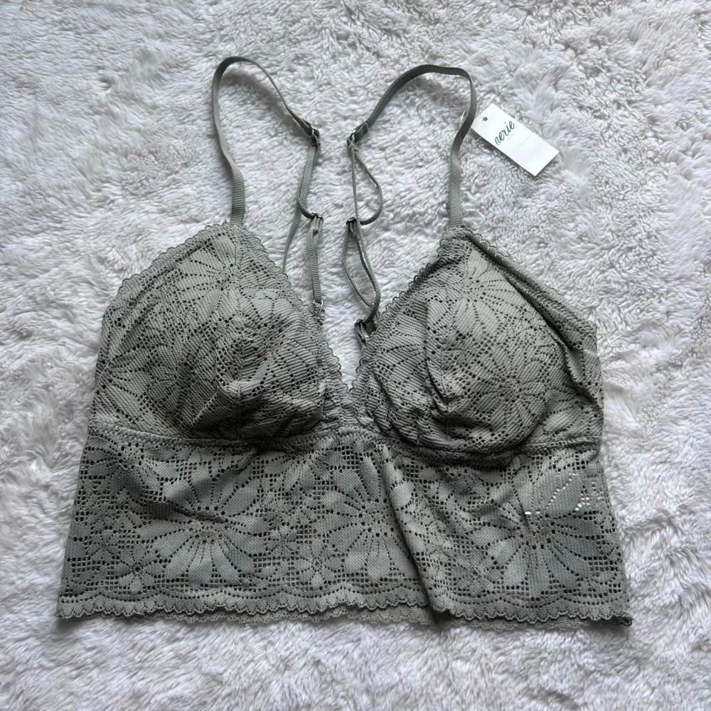 Aerie Women Sage Green Floral Crochet Lace Longline Bralette 3358-341 Small NWT